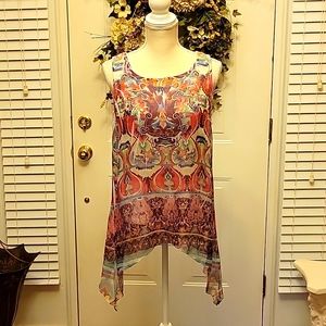 Live and Let Live pink aqua white lace scarf look sleeveless top Medium EUC…